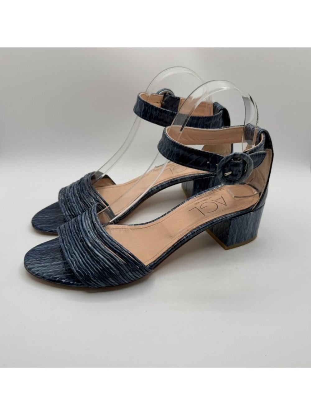 AGL Mary Kate Sandals Women Size EU39 Blue Leather Ankle Strap Block Heel Shoes